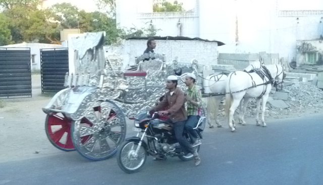 Horses and a silver wedding carriage